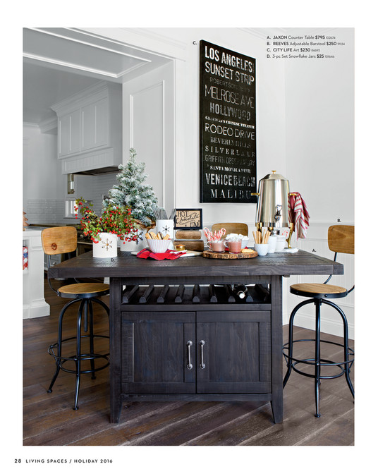 Living Spaces Catalog Holiday 2018 Jaxon Tail Table C A Jaxon Counter Table 795 102674 B Reeves Adjule Barstool 250 91124 City