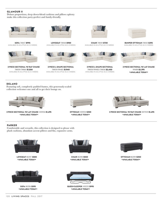 Living Spaces Fall 2018 Delano 2 Piece Sectional W Laf Oversized Glamour Ii Deluxe Proportions Deep Down Blend Cushions And Pillows Aplenty Make This Collection Casual Living