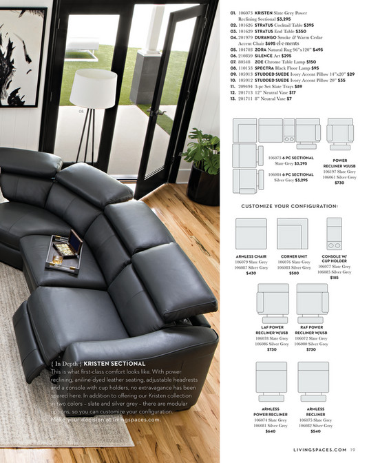 Living Spaces Fall 2018 Kristen Slate Grey 6 Piece Power 106073 Kristen Slate Grey Power Reclining Sectional 3 295 02 101626 Stratus Tail Table