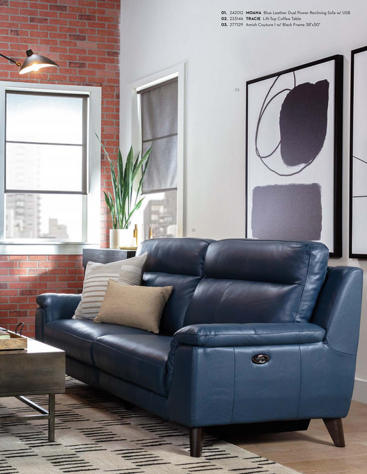 Moana Blue Leather 87" Power Dual Reclining Sofa with USB