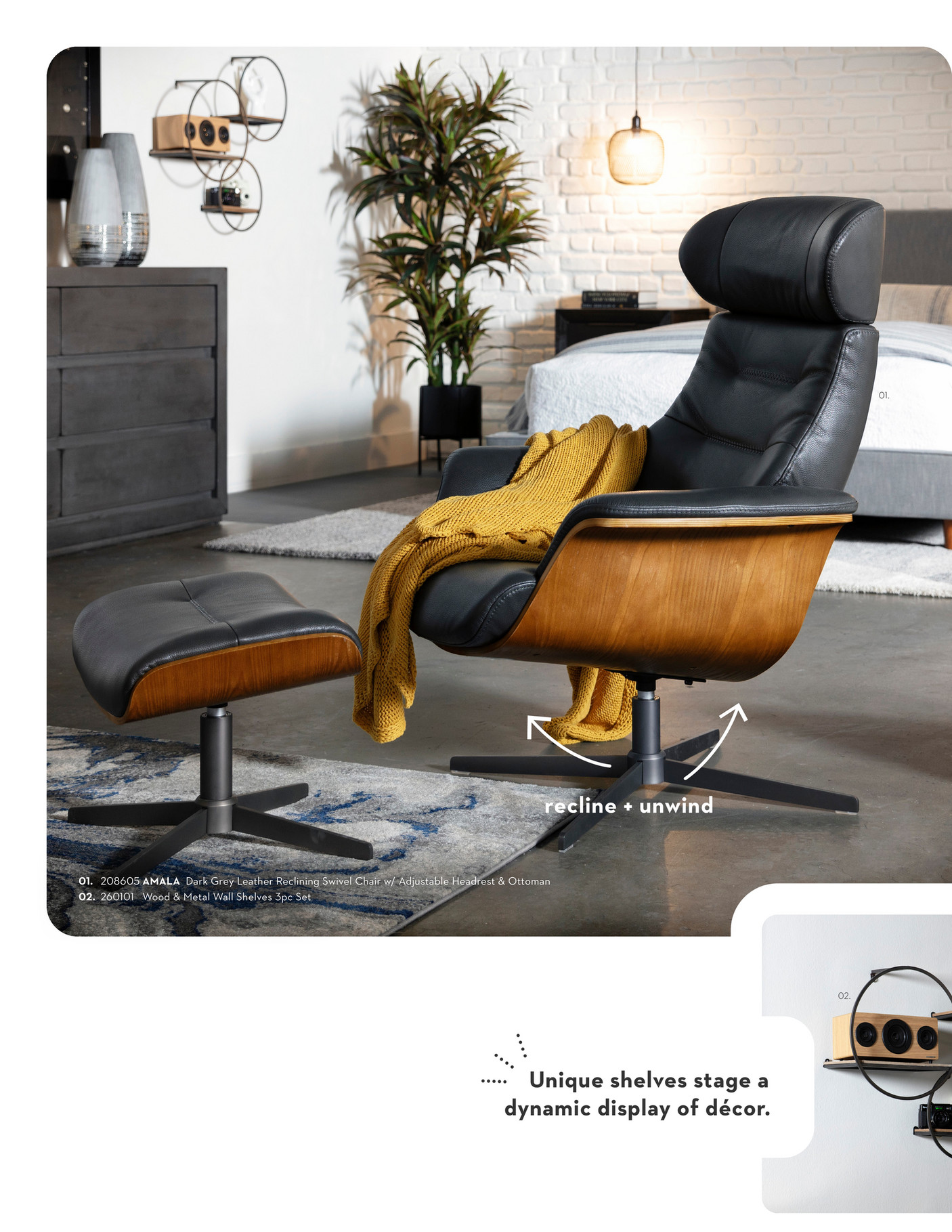 Amala Dark Grey Leather Reclining Swivel Arm Chair with Adjustable