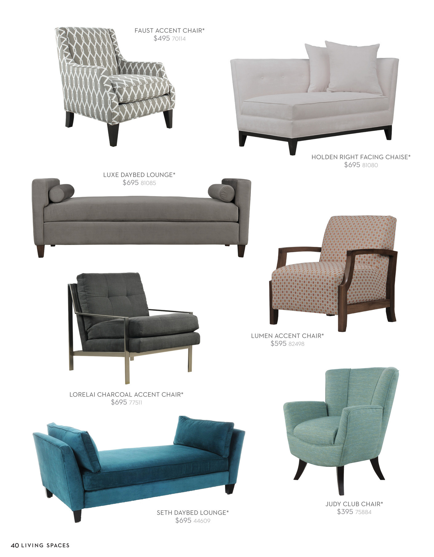 chaise accent chair on Living Spaces Product Catalog February 2015 Luxe Daybed Lounge